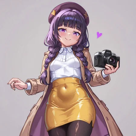 lazypos, girl focus, 1girl, pantyhose, purple eyes, skirt, blush, braid, covered navel, long hair, smile, yellow skirt, breasts, twin braids, hat, video camera, coat, looking at viewer, purple hair, small breasts, heart, black hair, simple background, shirt, pencil skirt, blunt bangs, black pantyhose, camera, grey background, freeze-ex, twgristyle