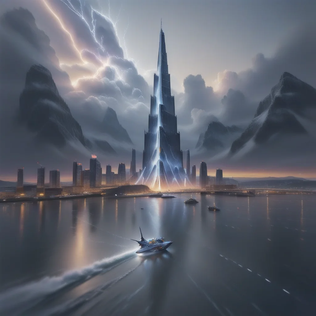 rain, snow, space, aircraft, smart zoom, reflective water, city, use more objects, science fiction, sun, long hair, ocean, mountainous horizon, lightning, cloudy sky, sunrise, watercraft, check and correct draw after every step, tower, outdoors, clear drawing, no humans, wide shot, cityscape, skyline