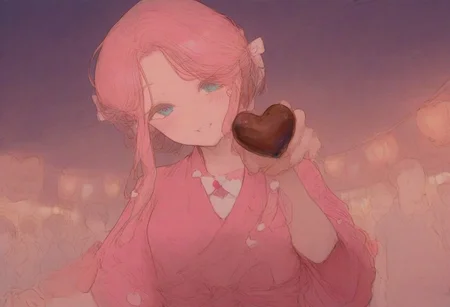 beautiful background, night, festival, red lanterns, hearts, girls, wearing colorful kimonos, looking at the viewer, smiling, holding a chocolate heart, blushing, bow on the neck, easynegative, detailed, beautiful.