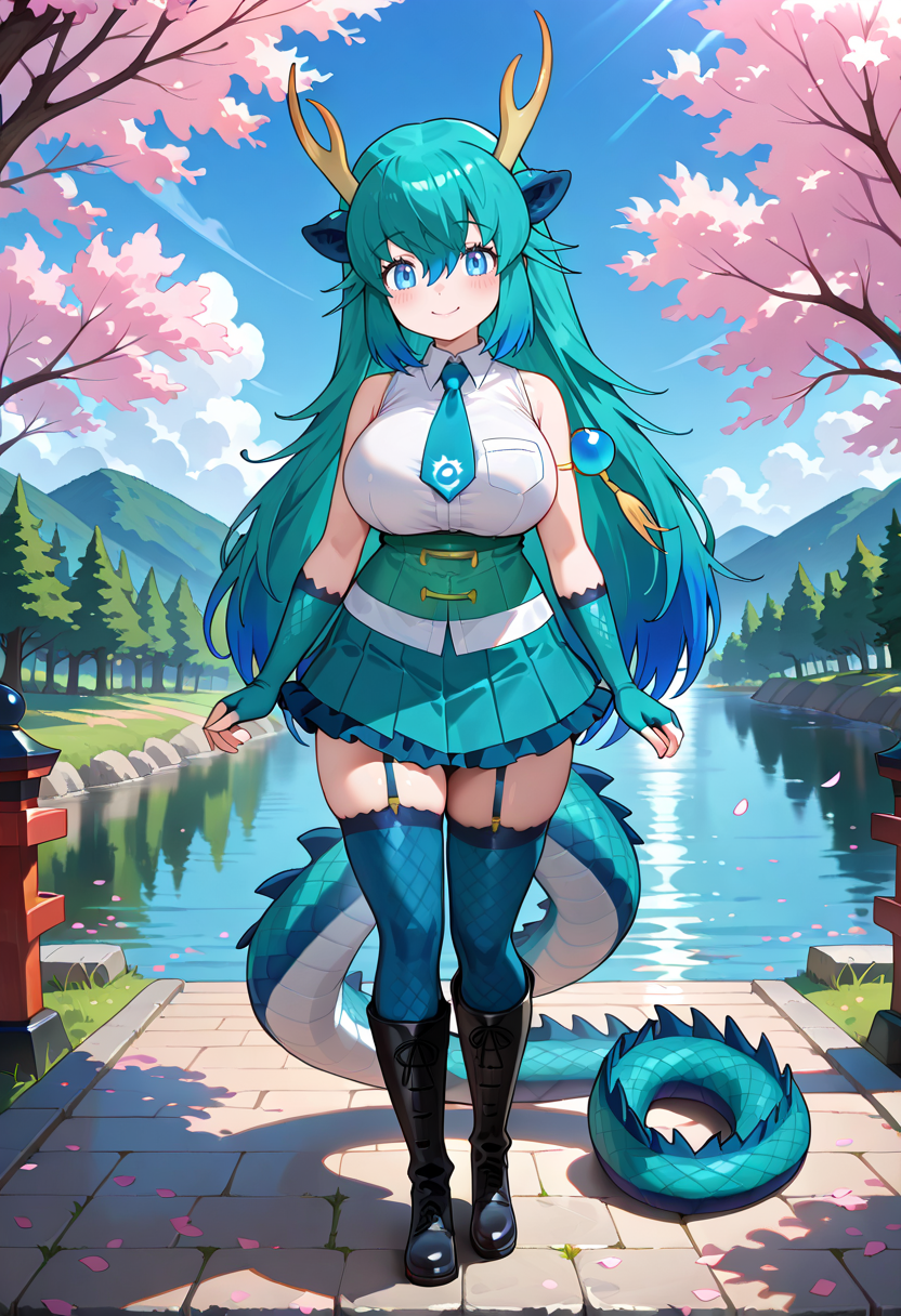 1girl, <lora:blue_dragon_kf_ilxl_v1:1>, blue dragon \(kemono friends\), dragon girl, eastern dragon, dragon horns, antlers, horns, yellow horns, horn flower, petals, cherry blossoms, dragon tail, tail, scales, multicolored hair, aqua hair, blue hair, green hair, very long hair, sidelocks, hair between eyes, hair ornament, blue eyes, large breasts, curvy, mature female, bldr1st, shirt, white shirt, collared shirt, sleeveless shirt, pocket, breast pocket, bare shoulders, necktie, blue necktie, japari symbol, gloves, green gloves, blue gloves, fingerless gloves, belt, blue skirt, green skirt, frilled skirt, frills, pleated skirt, thighhighs, blue thighhighs, green thighhighs, garter straps, boots, knee boots, black footwear, tachi-e, full body, standing, blush, smile, looking at viewer, river, mountain, blue sky, cloud, masterpiece, best quality, very aesthetic, absurdres