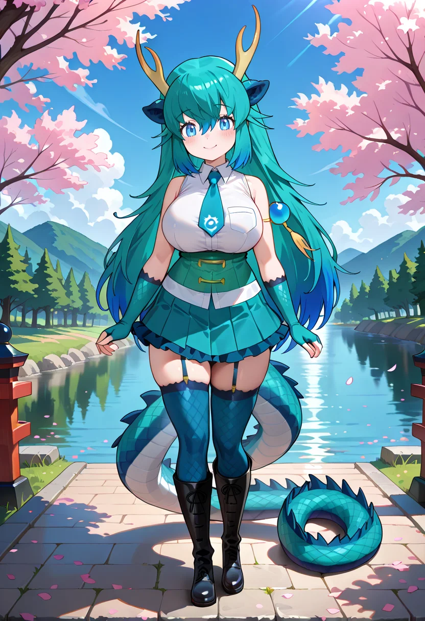 1girl, <lora:blue_dragon_kf_ilxl_v1:1>, blue dragon \(kemono friends\), dragon girl, eastern dragon, dragon horns, antlers, horns, yellow horns, horn flower, petals, cherry blossoms, dragon tail, tail, scales, multicolored hair, aqua hair, blue hair, green hair, very long hair, sidelocks, hair between eyes, hair ornament, blue eyes, large breasts, curvy, mature female, bldr1st, shirt, white shirt, collared shirt, sleeveless shirt, pocket, breast pocket, bare shoulders, necktie, blue necktie, japari symbol, gloves, green gloves, blue gloves, fingerless gloves, belt, blue skirt, green skirt, frilled skirt, frills, pleated skirt, thighhighs, blue thighhighs, green thighhighs, garter straps, boots, knee boots, black footwear, tachi-e, full body, standing, blush, smile, looking at viewer, river, mountain, blue sky, cloud, masterpiece, best quality, very aesthetic, absurdres
