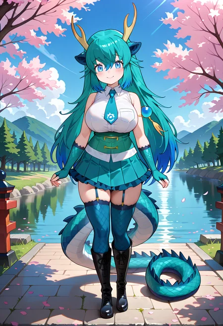 1girl, <lora:blue_dragon_kf_ilxl_v1:1>, blue dragon \(kemono friends\), dragon girl, eastern dragon, dragon horns, antlers, horns, yellow horns, horn flower, petals, cherry blossoms, dragon tail, tail, scales, multicolored hair, aqua hair, blue hair, green hair, very long hair, sidelocks, hair between eyes, hair ornament, blue eyes, large breasts, curvy, mature female, bldr1st, shirt, white shirt, collared shirt, sleeveless shirt, pocket, breast pocket, bare shoulders, necktie, blue necktie, japari symbol, gloves, green gloves, blue gloves, fingerless gloves, belt, blue skirt, green skirt, frilled skirt, frills, pleated skirt, thighhighs, blue thighhighs, green thighhighs, garter straps, boots, knee boots, black footwear, tachi-e, full body, standing, blush, smile, looking at viewer, river, mountain, blue sky, cloud, masterpiece, best quality, very aesthetic, absurdres