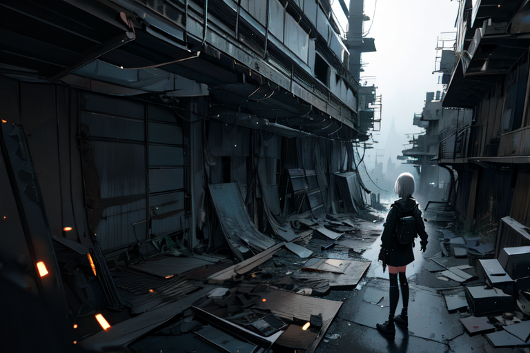highly insanely detailed, masterpiece, top quality, best quality, highres, 4k, 8k, RAW photo, (very aesthetic, beautiful and aesthetic),  
tsutomu nihei,nihei_tsutomu,blame!,blame gakuen!,abara,TNstyle,sidonia_no_kishi,dark sky,black sky,machinery,concrete walls,metal walls,light particles,dystopia,destroyed, 
<lora:blameLora_v10:0>, 
(1girl:1.3), 
solo focus, 
above clouds,Scenery,âââ