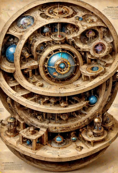 national geographic, best quality, masterpiece, award winning photo, fantasy landscape, extremely detailed, HDR, a photorealistic exploded view of a clockwork steampunk astrolabe armilar sphere, labeled parts, technical details, cross-section view, characteristic astronomy, focus, contrast, brightness, realistic style, scientific accuracy, clear and concise, on parchment