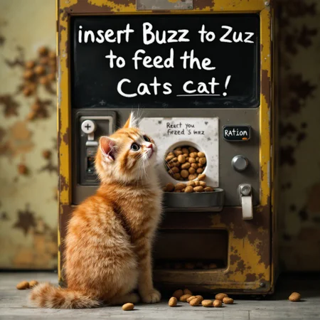 The most cute cat in the world in front of a ration machine written "insert Buzz to feed the cat"