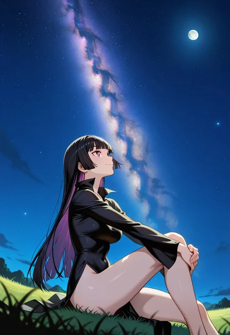 medium depth of field, rule of thirds, masterpiece-level, clean lines, sharp, focused subject, minimalistic composition, masterpiece, amazing quality, best quality, anime screencap, detailed face, detailed eyes, detailed outfit, face focus, 
general,highres, ultra-detailed,very aesthetic,best quality ,best hands, perfect anatomy,detailed,
BREAK 1girl, solo, Kurogane Otoha,black hair,multicolored hair,blunt bangs,purple eyes, very long hair,
tatsumaki cosplay, tatsumaki (cosplay), cosplay, dress, black dress, covered navel, long sleeves, pelvic curtain, side slit,
from front, from side, cowboy shot,
sitting, hugging own legs, knees arms support, happy, light smile, 
Looking up at the sky,
(Clifftop, grass, moon,
outdoors, night sky, strarry sky, milky way, scenery),