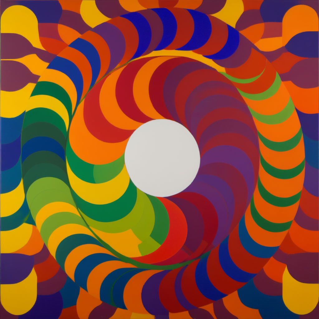 escarapela (cockade) Le Parc  a rainbow colored circle with a white background abstraccion geometrica, circulos, circles, orange, yellow, red, blue, purple, violet, cockade, escarapela, circular stripes <lora:LeParc_AI_LoRA_XL_v2.0:1>
