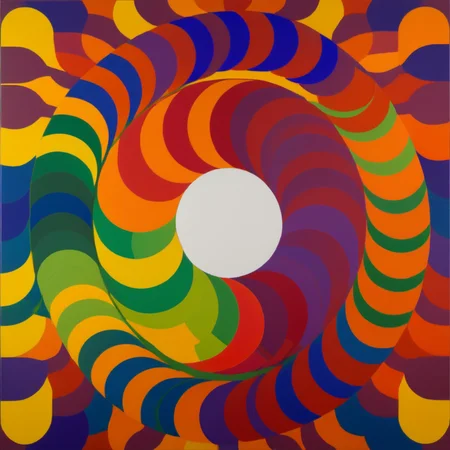escarapela (cockade) Le Parc  a rainbow colored circle with a white background abstraccion geometrica, circulos, circles, orange, yellow, red, blue, purple, violet, cockade, escarapela, circular stripes <lora:LeParc_AI_LoRA_XL_v2.0:1>