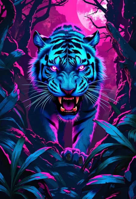 A fierce tiger prowling through a neon blue jungle, set against a deep crimson sky, with blue light reflecting on its striped fur,     highly detailed,gold,silver, bo-neon, ArcaneFGTNR