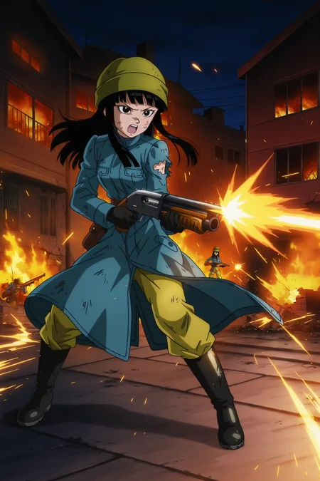 anime screencap, absurdres, high quality, official style,
future mai, official style, 1girl, solo, long hair, black hair, bangs, black eyes, eyelashes, knit hat, green headwear, military coat, blue coat, torn sleeve, long sleeves, black gloves, leather belt, pouch, yellow pants, pants tucked in, black footwear, boots, full body, upper teeth, open mouth, holding shotgun, standing, speed lines, stone walkway, looking at another, dirty clothes, v-shaped eyebrows, firing, building, destruction, burning, burning building, red hue, sparks, night, night sky, burning clothes,
<lora:Mai_IL:0.8>