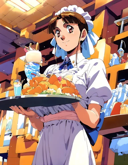 <lora:pony_xl_yuki:0.9>,yuki,score_9,score_8_up,score_7_up,source_anime,1girl,solo,indoors,waitress,cup,tray,smile,kind_smile,