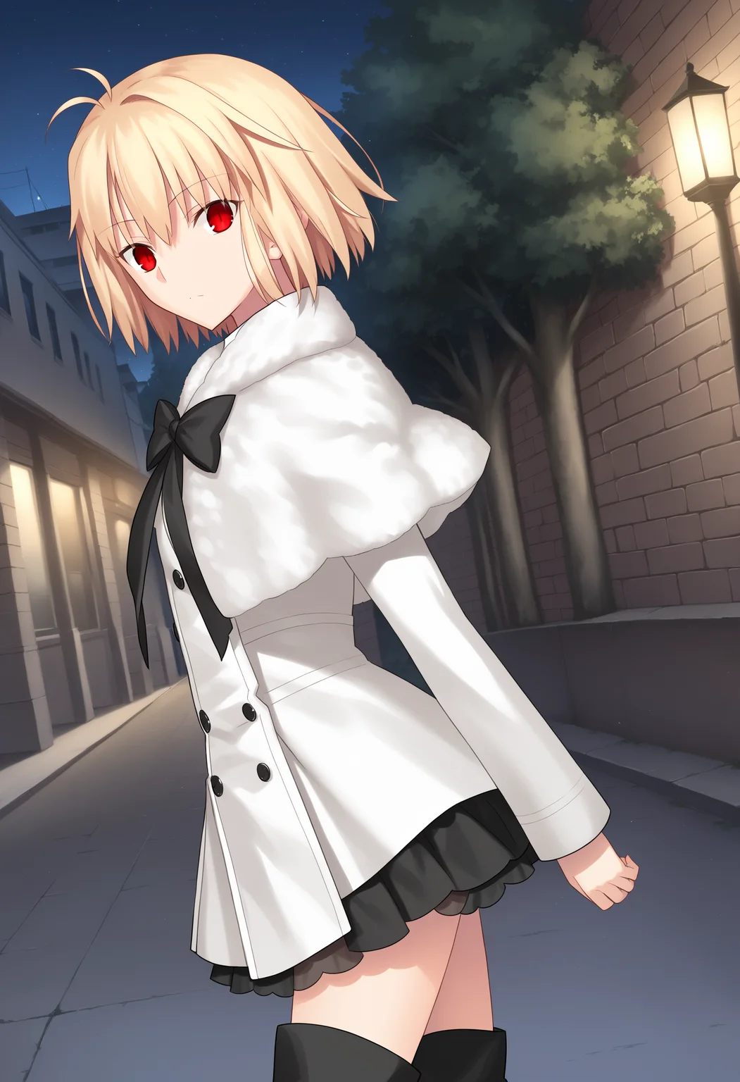 arcdate, 1girl, solo, red eyes, coat, thigh boots, capelet, bow, looking at viewer, from side, outdoors, night, street