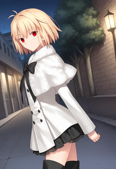 arcdate, 1girl, solo, red eyes, coat, thigh boots, capelet, bow, looking at viewer, from side, outdoors, night, street