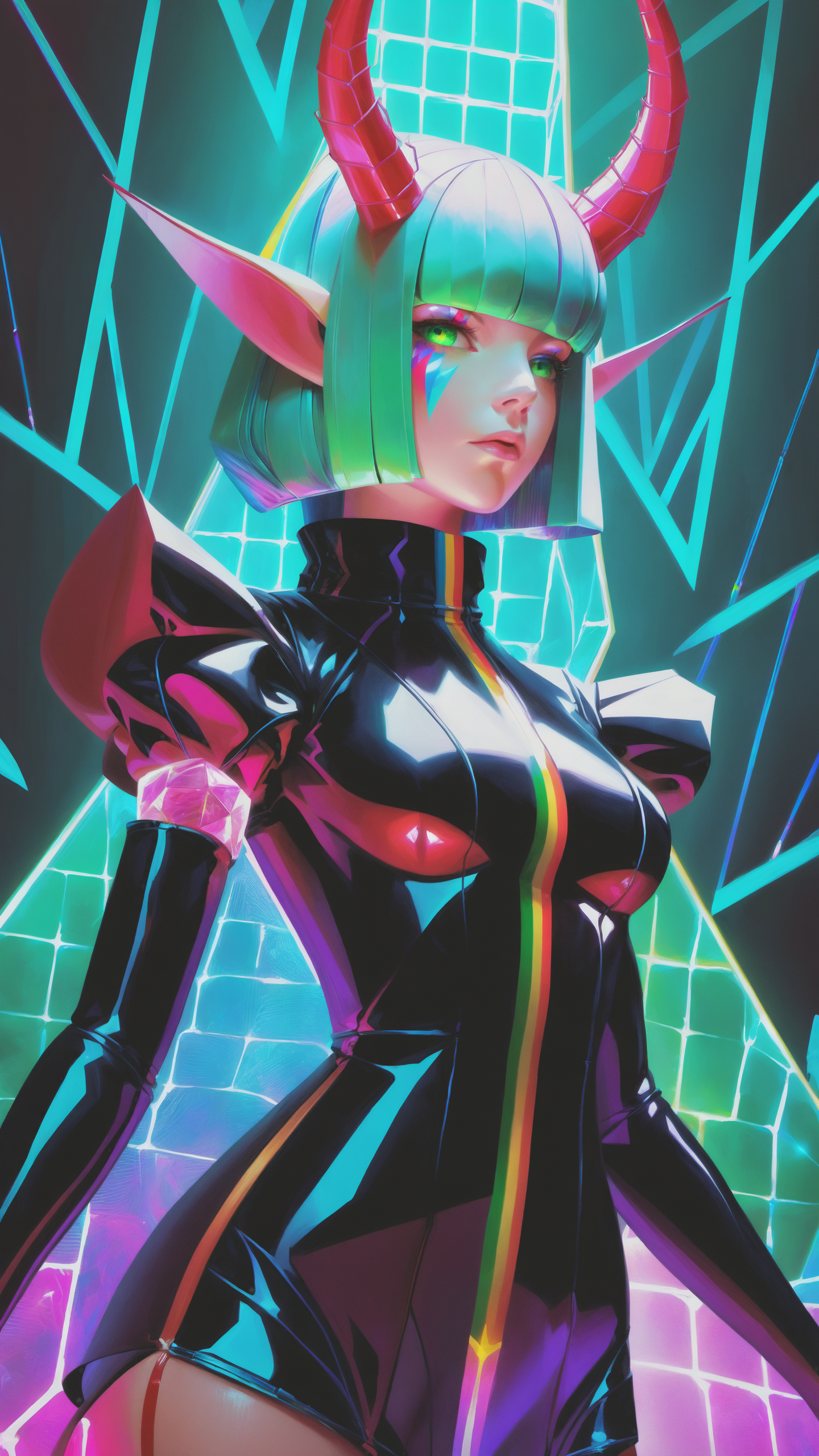 frilly hairstyle, latex dress, torso, body, 8k, ultra-detailed, highres, rainbow skin, shattered glass effect, (best quality, masterpiece:1.2), (deformed neon light:1.3), soft particles of fractal fire, volumetric lighting, (masterpiece, best quality), 1girl, intricate details, 8k, artstation, wallpaper, official art, splash art, sharp focus, dark atmosphere, black coat, black dress, cartoon for adults, white sleeves, sleeves past finger, sleeves past wrists, horns, (glitched body effect), (geometric:1.2), futurism, impressionist, detailed, majestic, breathtaking, (suggestive:1.3), (depressing:1.3), (cute:1.2), enticing, (irresistible:1.3), disturbing, fascinating, (magnetic:1.2), (green), latex clothing, suggestive position, latex costume, Depth of field, vivid color, rainbow bloody veins growing and intertwining out of the darkness, (nailed wire), oozing thick blue blood, sharp neon, veins growing and pumping blood, vascular networks growing, under water
