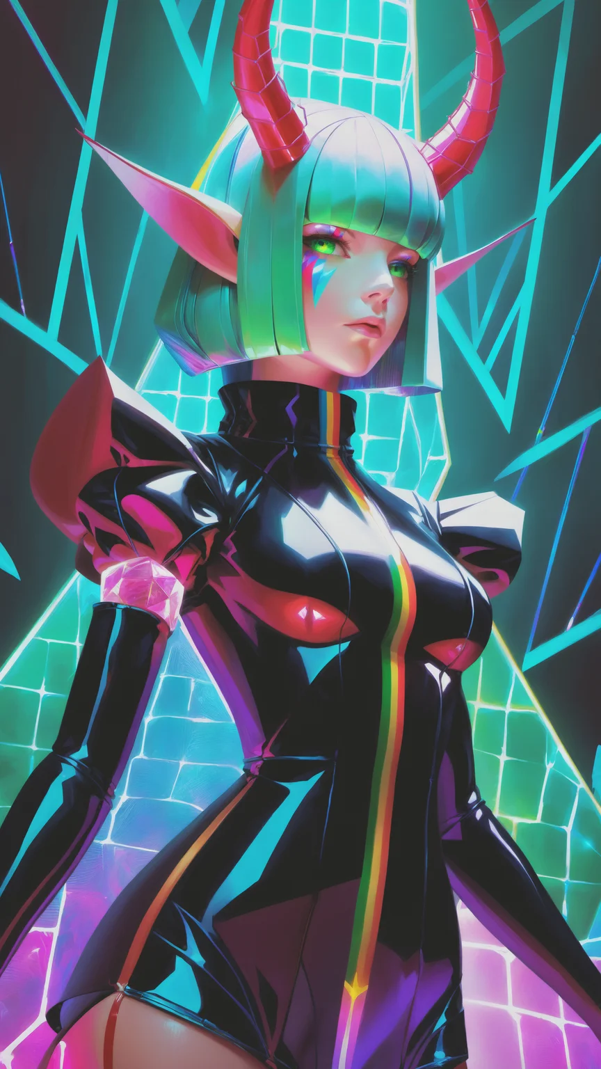 frilly hairstyle, latex dress, torso, body, 8k, ultra-detailed, highres, rainbow skin, shattered glass effect, (best quality, masterpiece:1.2), (deformed neon light:1.3), soft particles of fractal fire, volumetric lighting, (masterpiece, best quality), 1girl, intricate details, 8k, artstation, wallpaper, official art, splash art, sharp focus, dark atmosphere, black coat, black dress, cartoon for adults, white sleeves, sleeves past finger, sleeves past wrists, horns, (glitched body effect), (geometric:1.2), futurism, impressionist, detailed, majestic, breathtaking, (suggestive:1.3), (depressing:1.3), (cute:1.2), enticing, (irresistible:1.3), disturbing, fascinating, (magnetic:1.2), (green), latex clothing, suggestive position, latex costume, Depth of field, vivid color, rainbow bloody veins growing and intertwining out of the darkness, (nailed wire), oozing thick blue blood, sharp neon, veins growing and pumping blood, vascular networks growing, under water