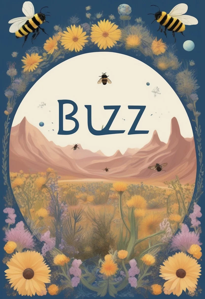 A tiny desert planet with the word "Buzz" spelled out in flowers while large bumble bees hover around