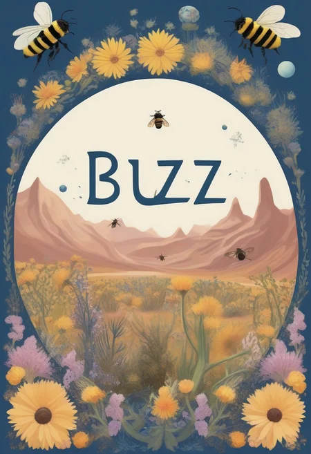 A tiny desert planet with the word "Buzz" spelled out in flowers while large bumble bees hover around