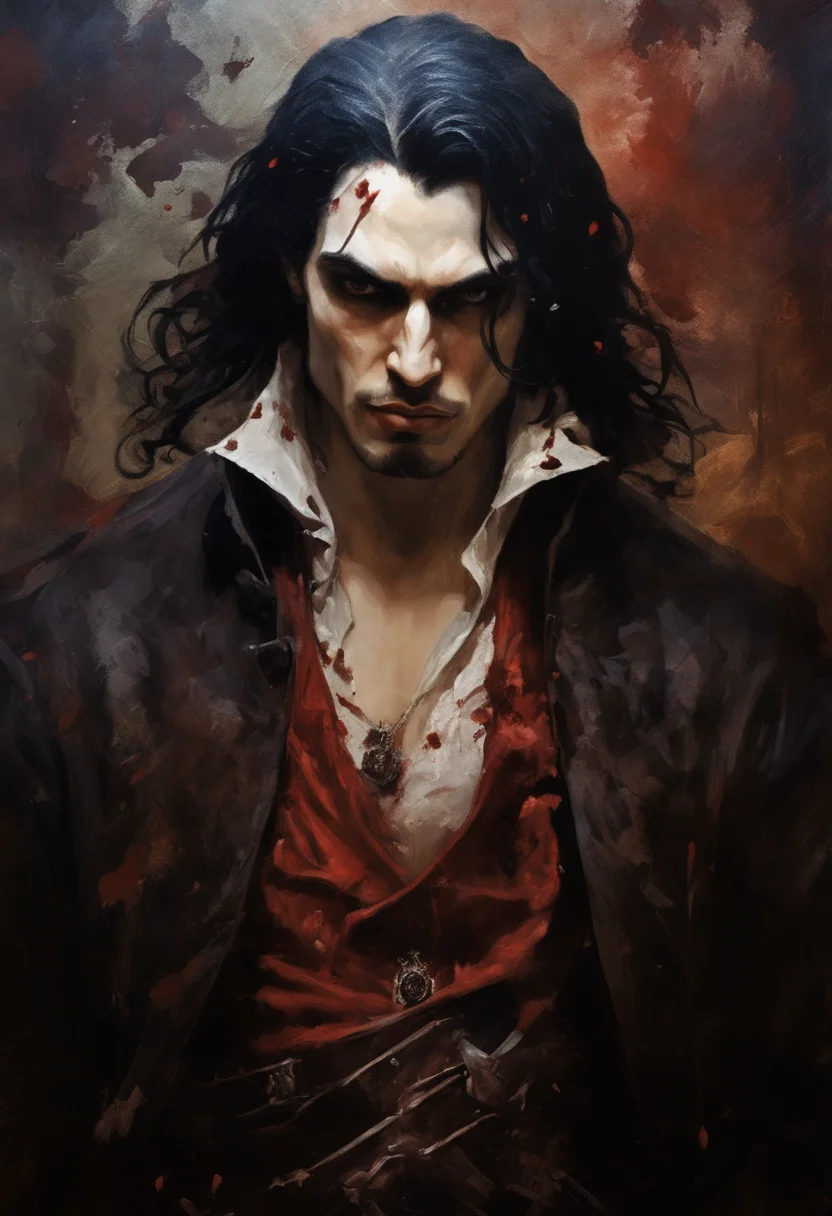 splatter style character painting of medieval Dracula, vampire, glowing eyes, long wavy dark hair, mouth open, fangs, blood drip, hypnotic stare, wearing rich cloak and noble clothing, predatory look, textured backdrop, moody atmosphere, crimson and steel-blue color scheme, <lora:splatter_lora-000005:1>