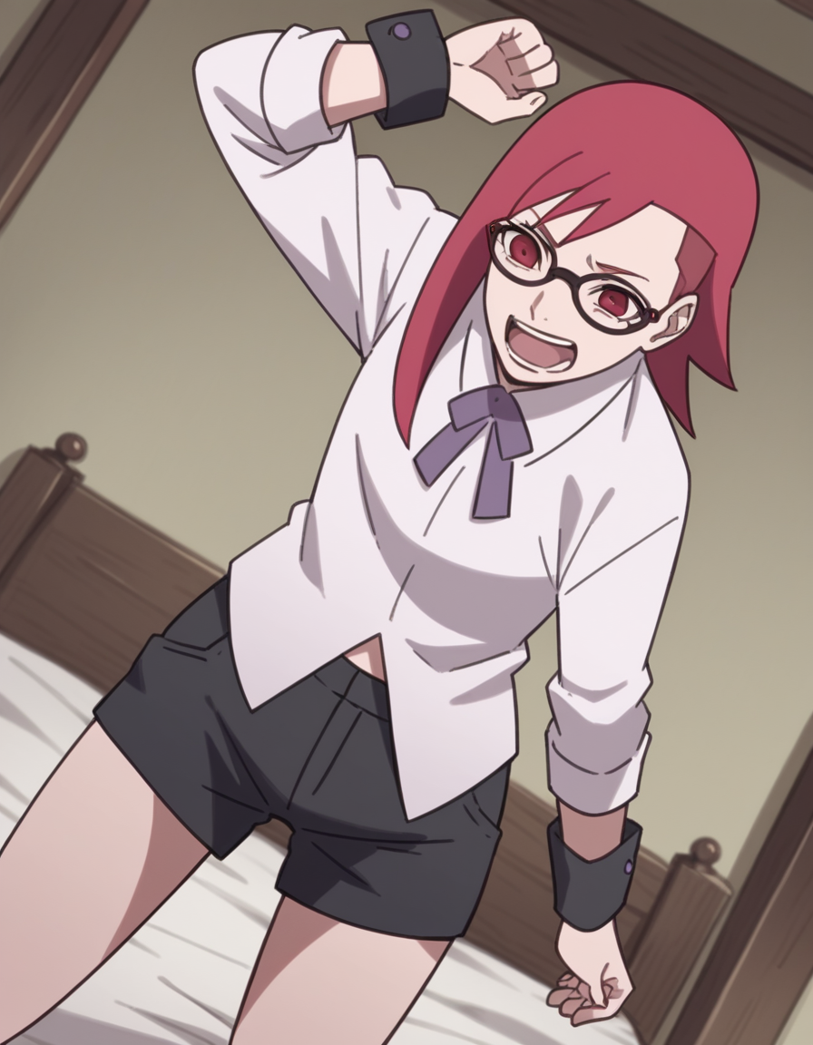 score_9, score_8_up, score_7_up, source_anime, <lora:karin-uzumaki-boruto-anime-ponyxl-lora-nochekaiser_r1:1>, karin uzumaki, red eyes, red hair, glasses,, shirt, shorts, wrist cuffs, black shorts, long sleeves,, bedroom, alarm clock, morning routine, yawning, stretching, on bed,, smile, , hand with fingers spread out, solo,, cowboy shot, dutch angle