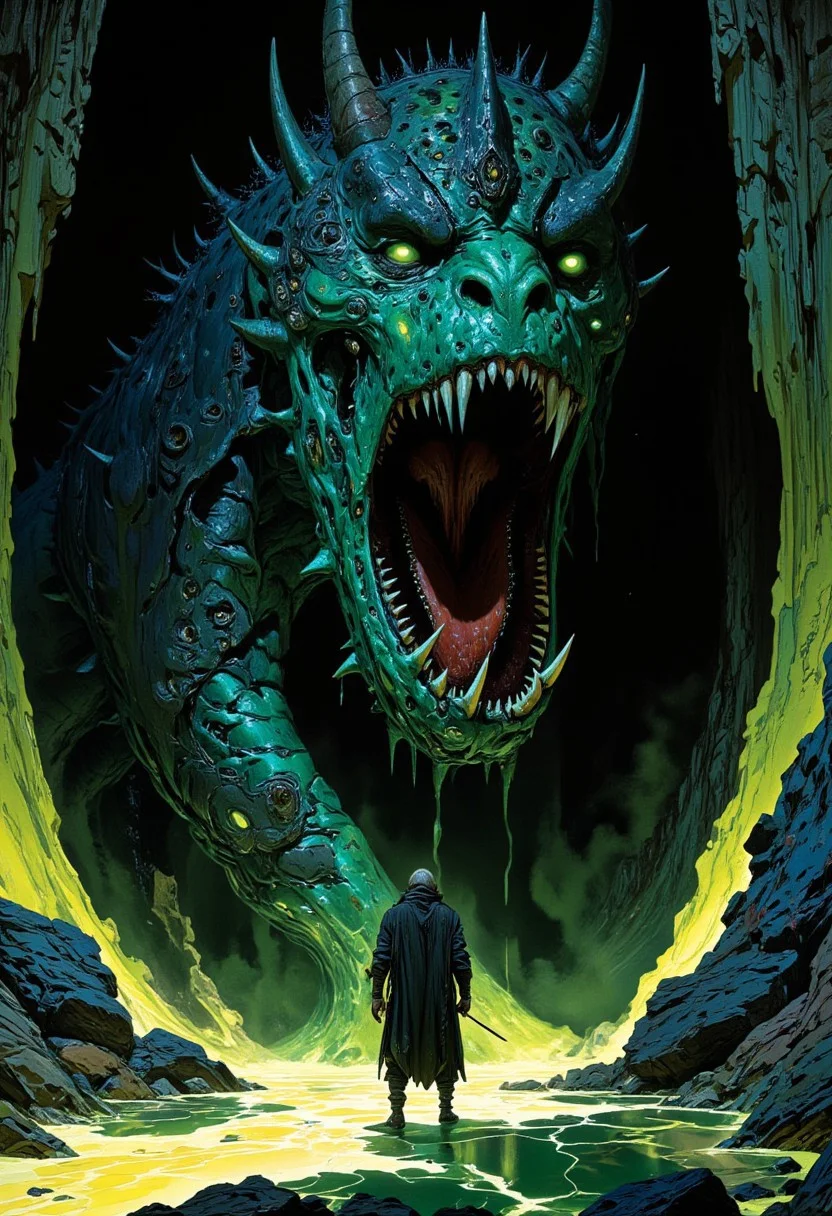 A psychedelic dreamcore scene
The Gaping Dragon, a monstrous aberration, crawls across the acid-covered floor of a dank dungeon. Its massive, gaping maw filled with rows of jagged teeth, it moves with a terrifying grace. The walls, slick with dripping acid, bear witness to the countless battles fought within this cursed chamber., 
Inspired by dark fantasy, featuring sinister religious motifs in a gritty, oil painting style, evoking a sense of mystery and foreboding with deep, dark hues