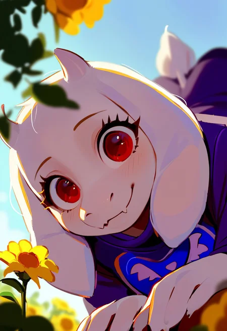 Vivid art style, outline, score_9, score_8_up, score_7_up, source_anime, hi res, masterpiece, extremely detailed, best quality, highres, Lico_PS, very beautiful, cute, toriel, focus on hand, backlighting:1.2, yellow flowers, (white fur), ((fluffy face:0.8)), serene, (((close up:1))), (perfect eyes:1), red eyes, smile, from below, leaning over, lifting arm, hands on knees, out of focus background,