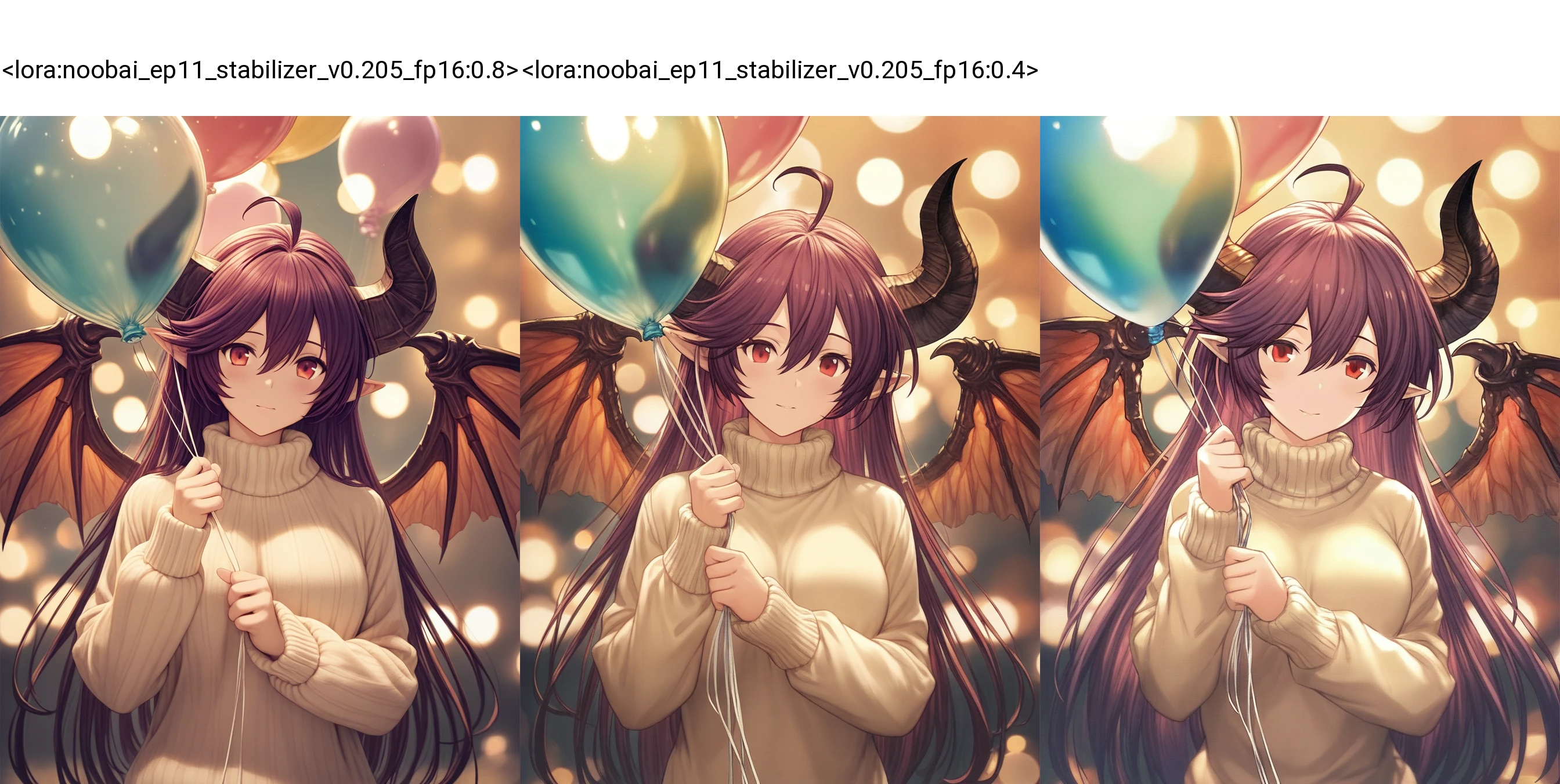 <lora:illustriousXLv01_stable_dark_v0.3:0.3><lora:noobai_ep11_stabilizer_v0.205_fp16:0.8><lora:style_strength_controller_nbep11_v1:0.1>1girl,grea \(shingeki no bahamut\),long hair,sweater,upper body,colorful,ambient light,holding balloon,transparent,looking at viewer,depth of field,bokeh,masterpiece,