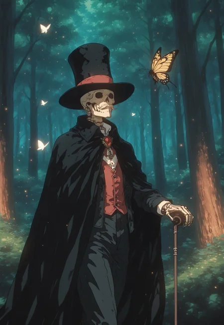 crdhrs2, 1boy, hat, hungarian_mustache, male focus, solo, bug, top hat, tree, nature, butterfly, forest, cape, skeleton, cane, outdoors, light particles, masterfully drawn, 4K, amazing quality, aesthetic, details, latest