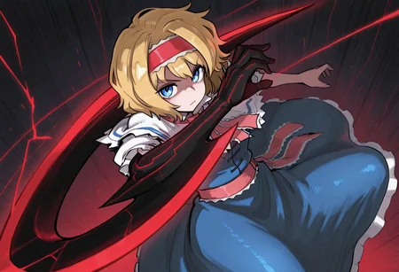 best quality, high quality, hires,
1girl, solo, alice margatroid,
bois de justice, arm blade,
looking at viewer, dynamic pose,