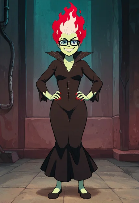 1girl, solo, frankencreepy_velma, glasses, fiery hairstyle with white highlights, long form-fitting black dress, cleavage, red painted nails, standing, looking at viewer, smiling, evil expression, grin, hands on hips, full body
