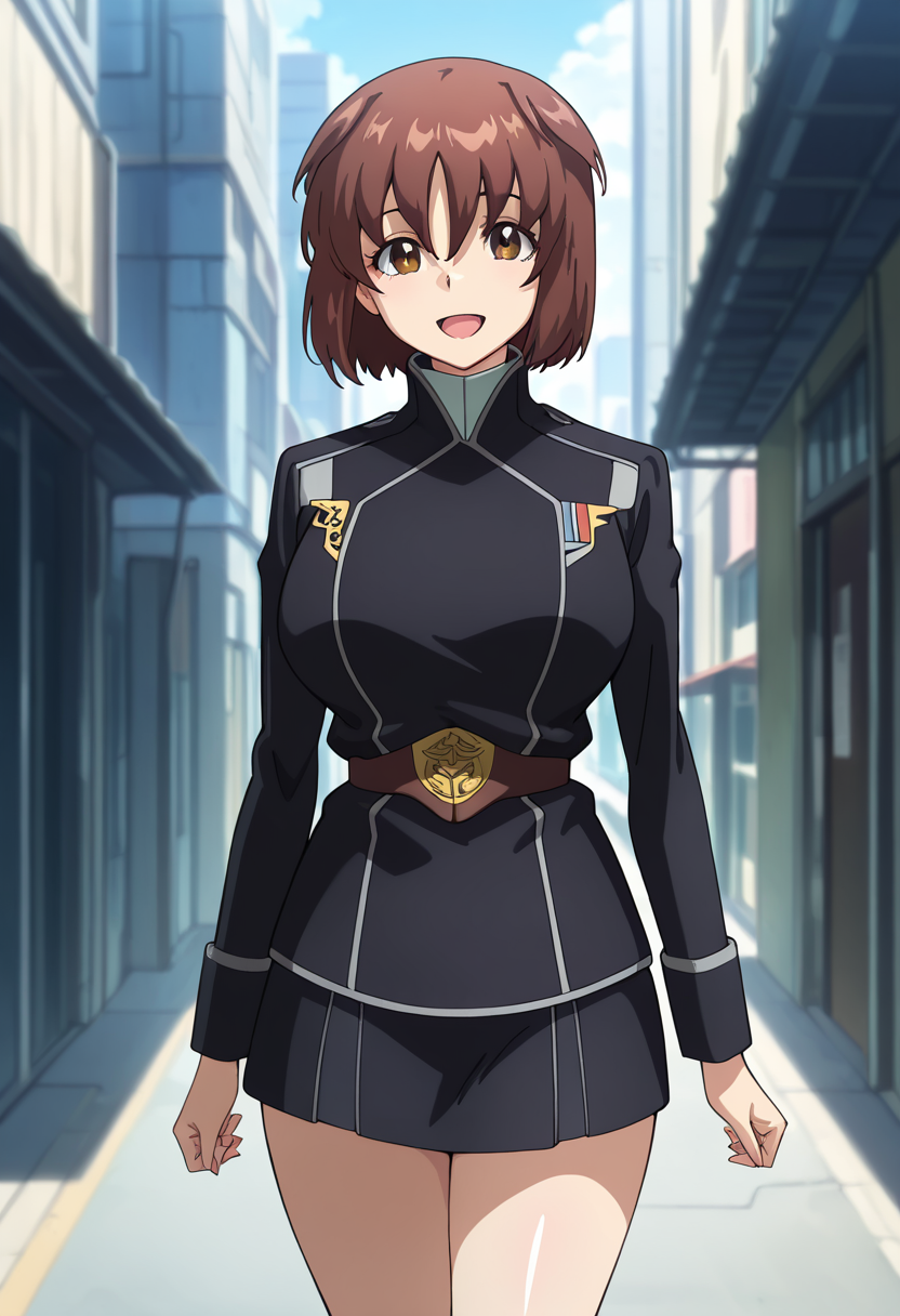 masterpiece, best quality, amazing quality, very aesthetic, absurdres, newest, illustration, perfect composition, intricate details, highres, anime coloring, general, 1girl, solo, (cowboy shot:1.2), tamakiww, brown eyes, brown hair, short hair, hair between eyes, large breasts, black military uniform, military jacket, long sleeves, belt, black skirt, looking at viewer, smile, open mouth, outdoors, shiny body, shiny skin, skindentation, clear skin, shiny hair, ultra detailed eyes, depth of field, sharp, intricate details, hyperdetailed, ultra-detailed, detailed clothing folds, high contrast, dynamic light <lora:Irie_Tamaki_Majestic_Prince_ill:1>