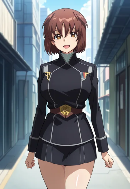 masterpiece, best quality, amazing quality, very aesthetic, absurdres, newest, illustration, perfect composition, intricate details, highres, anime coloring, general, 1girl, solo, (cowboy shot:1.2), tamakiww, brown eyes, brown hair, short hair, hair between eyes, large breasts, black military uniform, military jacket, long sleeves, belt, black skirt, looking at viewer, smile, open mouth, outdoors, shiny body, shiny skin, skindentation, clear skin, shiny hair, ultra detailed eyes, depth of field, sharp, intricate details, hyperdetailed, ultra-detailed, detailed clothing folds, high contrast, dynamic light <lora:Irie_Tamaki_Majestic_Prince_ill:1>