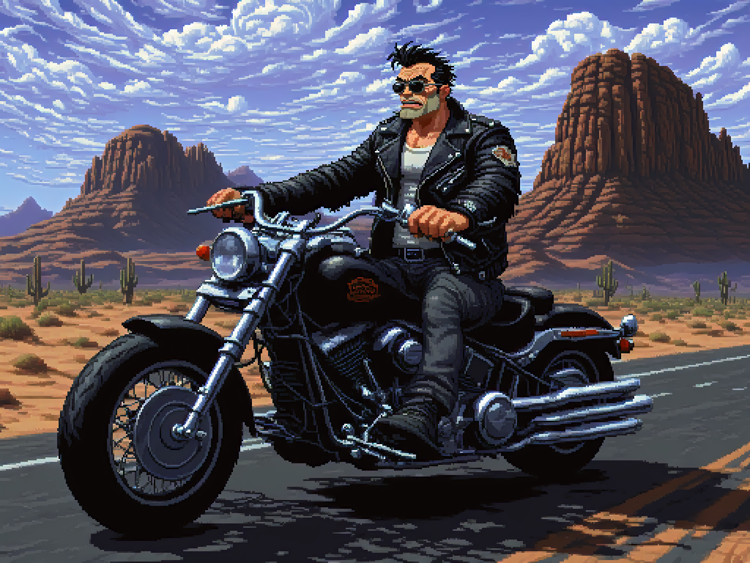 lucasarts style,  2d pixel art of a man with large jaw riding a motorcycle hog harley, low cinematic angle, extended forks, five o'clock shadow, black leather jacket, sunglasses, desert road, cloudy dark sky background, flat shading <lora:lucasarts style:1.4>