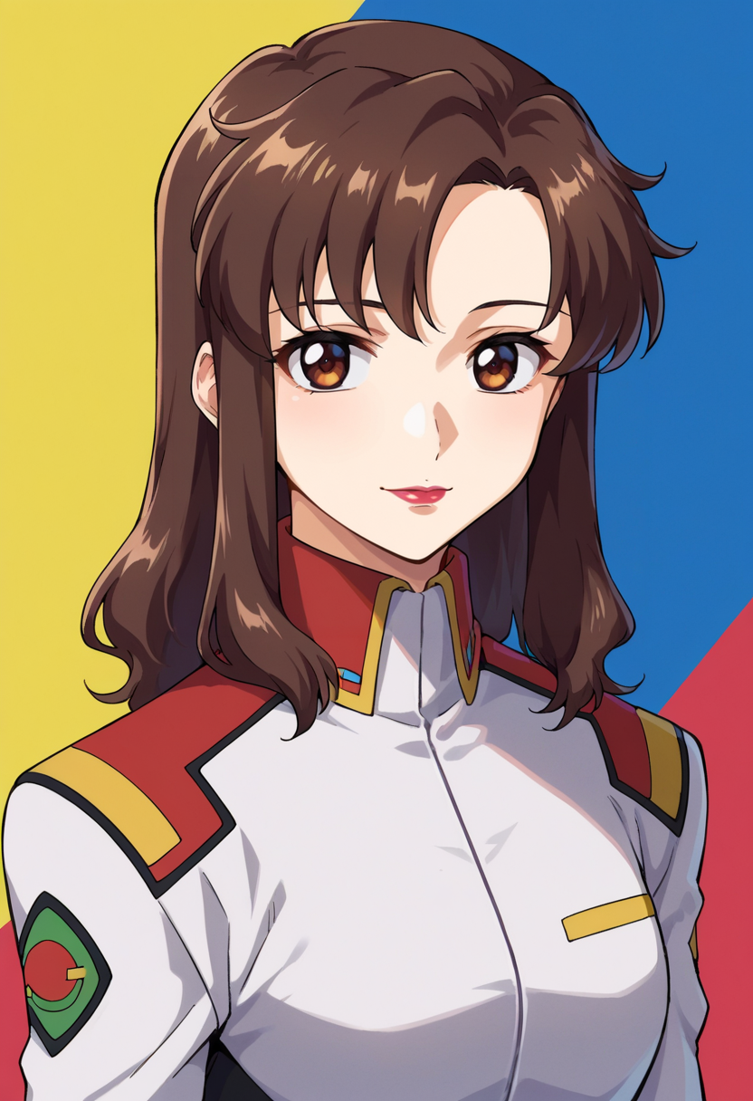 score_9,score_8_up,score_7_up,score_6_up,score_5_up,score_4_up,anime coloring BREAK source_anime,<lora:Murrue_Ramius_Gundam_SEED_Pony:0.7>,murrue,1girl,solo,brown eyes,brown hair,long hair,lipstick,s1jacket,multicolored background,portrait,upper body,looking at viewer,