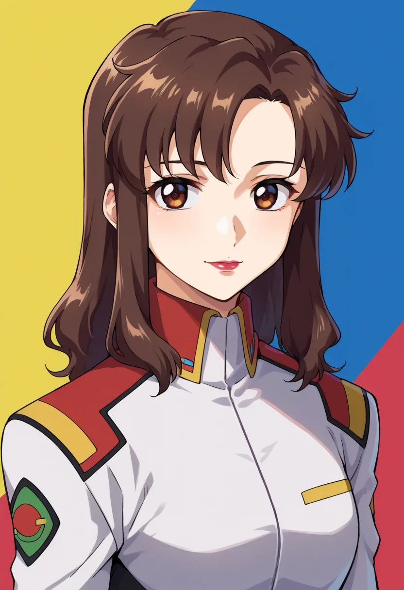 score_9,score_8_up,score_7_up,score_6_up,score_5_up,score_4_up,anime coloring BREAK source_anime,<lora:Murrue_Ramius_Gundam_SEED_Pony:0.7>,murrue,1girl,solo,brown eyes,brown hair,long hair,lipstick,s1jacket,multicolored background,portrait,upper body,looking at viewer,