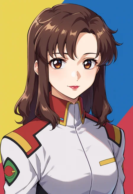 score_9,score_8_up,score_7_up,score_6_up,score_5_up,score_4_up,anime coloring BREAK source_anime,<lora:Murrue_Ramius_Gundam_SEED_Pony:0.7>,murrue,1girl,solo,brown eyes,brown hair,long hair,lipstick,s1jacket,multicolored background,portrait,upper body,looking at viewer,