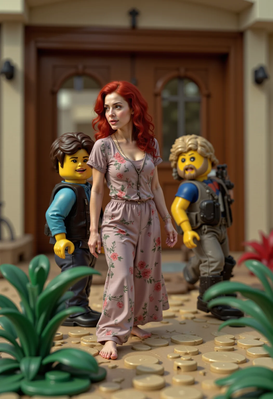 raw photo, a gorgeous miniature redhead woman in a dress posing with some lego people in a lego house