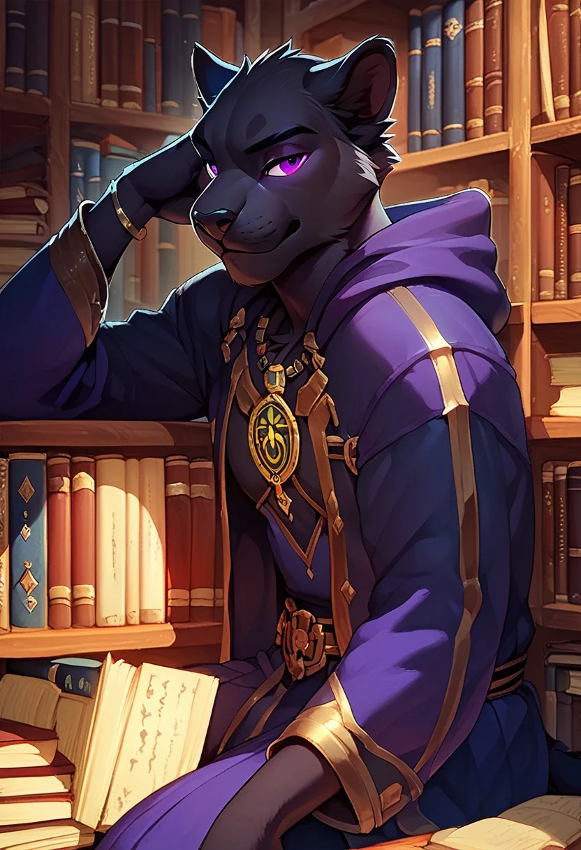 score_9, score_8_up, score_7_up, ultra quality, detailed texture, ((Solo)), furry, feline, panther, black fur, violet eyes, magical, (robes), slim, male, masculine, fantasy, library, slight glowing eyes, sitting, portrait, face focused, intense eyes, looking toward viewer, side angle, hood, covered head