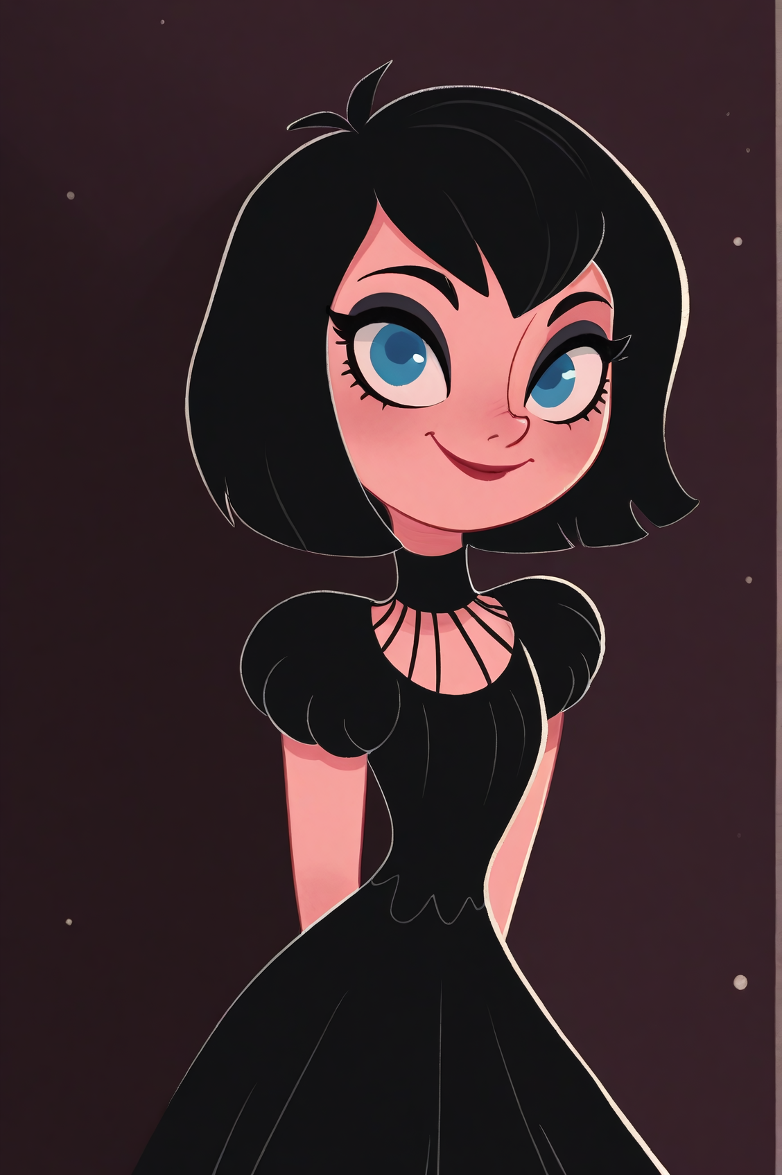 masterpiece, best quality, absurdres, 
 <lora:MSMLN-IL:0.8> msmln,
mavis dracula, 
black hair, blue eyes, black eyeshadow, short hair, smile, looking at viewer, 
black dress, hands behind back,