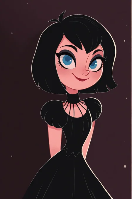 masterpiece, best quality, absurdres,
<lora:MSMLN-IL:0.8> msmln,
mavis dracula,
black hair, blue eyes, black eyeshadow, short hair, smile, looking at viewer,
black dress, hands behind back,