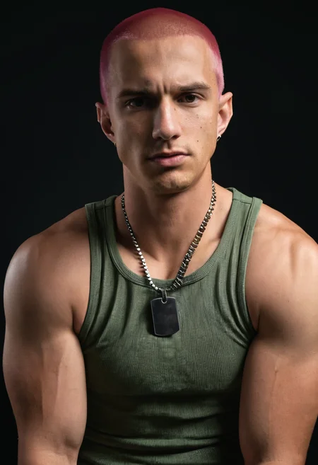 <lora:gavin_croghan_sdxl-000010:0.8> close-up portrait, gavinperson, buzz cut, pink hair, clenched jaw, square cut green tank top, dog tags, black background, head tilt, side lighting, studio photography