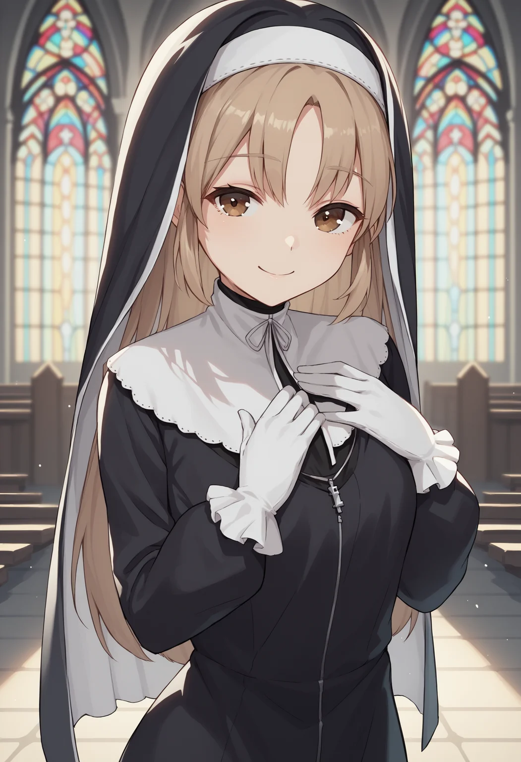 score_9, score_8_up, score_7_up, source_anime, sc1, long hair, brown eyes, light brown hair, parted bangs, nun, habit, dress, black dress, gloves, white gloves, zipper, smile, cowboy shot, church, backlighting, looking at viewer, (hands on own chest:1.1)<lora:SisterClaireXLv2-13:1>