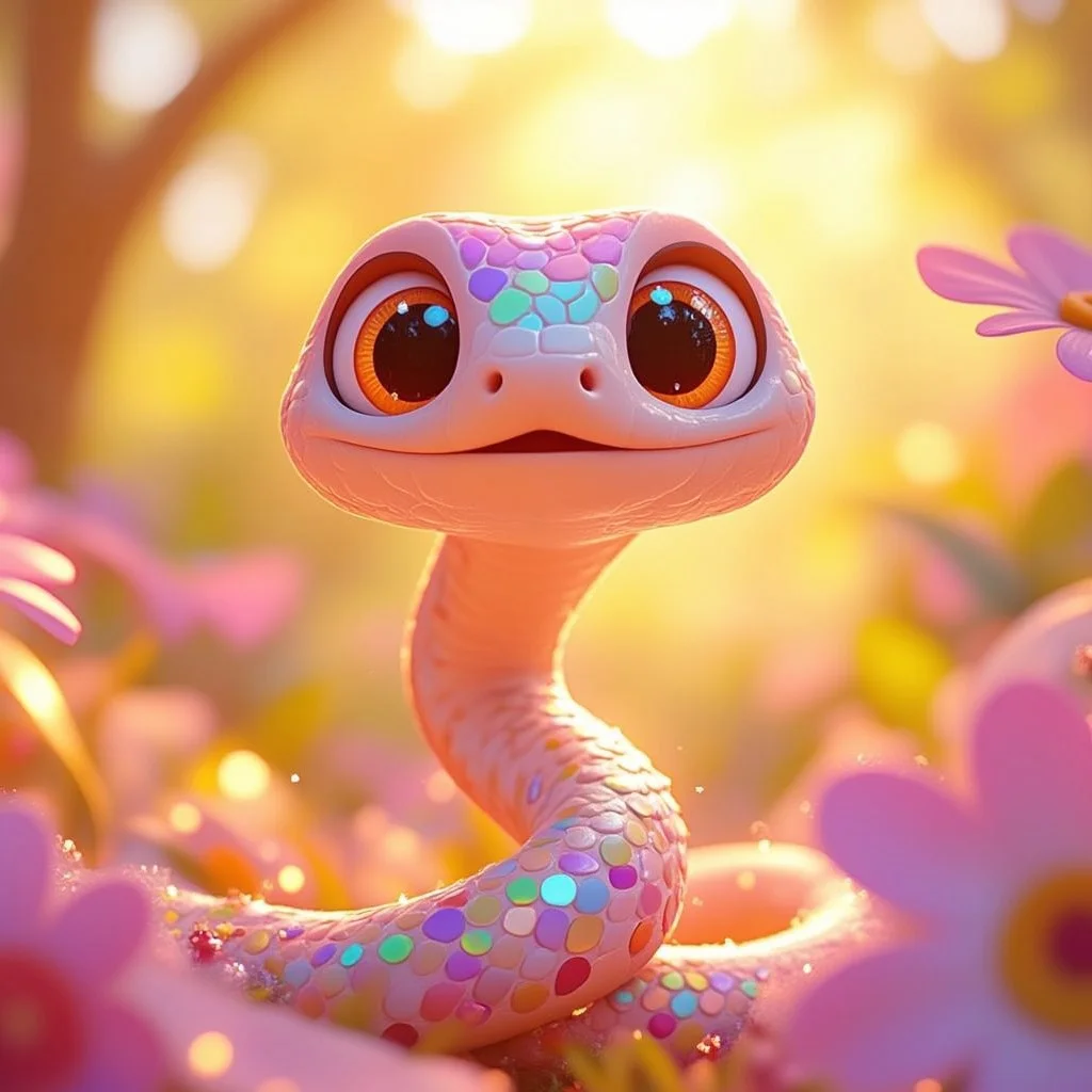 A fluffy, cartoonishly cute snake, with wide, expressive eyes and a perpetually surprised expression, slithers through a vibrant, colorful world that seems to have been pulled straight from a Pixar film.  The snake's scales shimmer with a rainbow of pastel hues, and its tiny, delicate claws leave trails of sparkling dust as it navigates a whimsical landscape filled with oversized, bouncy flowers.  Warm, golden sunlight streams through impossibly oversized, bioluminescent leaves, illuminating the scene with a joyful warmth.  A gentle breeze carries the sweet scent of exotic, fruity blossoms, and the snake's tiny, playful chirps echo through the atmosphere, creating a lighthearted and energetic scene perfectly suited for a family-friendly animated movie.