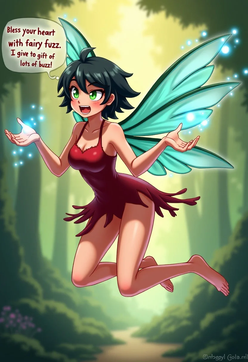 beautiful aesthetic, 1girl, Crysta \(Fern Gully\) Fairy, Wings, short Black hair, long lashes, excited face, flying, splayed hands, blue magic coming out of hands, leaning forward, red tattered dress, green eyes, beautiful legs, (skinny thighs), wet shiny skin, small hips, (small round ass), blush, bloom, ancient forest background, vibrant background, (((with a speech bubble on top with the exact text "Bless your heart with fairy fuzz, I give the gift of lots of buzz!". The text should exactly be "Bless your heart with fairy fuzz, I give the gift of lots of buzz!", with no spelling mistakes, text is legible and clear)))
