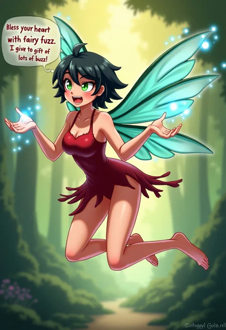 beautiful aesthetic, 1girl, Crysta \(Fern Gully\) Fairy, Wings, short Black hair, long lashes, excited face, flying, splayed hands, blue magic coming out of hands, leaning forward, red tattered dress, green eyes, beautiful legs, (skinny thighs), wet shiny skin, small hips, (small round ass), blush, bloom, ancient forest background, vibrant background, (((with a speech bubble on top with the exact text "Bless your heart with fairy fuzz, I give the gift of lots of buzz!". The text should exactly be "Bless your heart with fairy fuzz, I give the gift of lots of buzz!", with no spelling mistakes, text is legible and clear)))