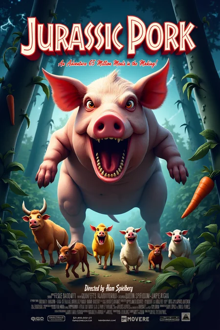 A movie poster parody titled "Jurassic Pork," featuring a massive, menacing pig towering over a dense jungle landscape. The pig, with its tusks sharpened and snout flaring, is depicted in a dramatic stance, roaring with all the ferocity of a T-Rex. Its thick, pink hide is dotted with scars, and its beady eyes glow with a fierce determination, making it both hilarious and intimidating.
In the foreground, a group of frightened, cartoonish farm animals—cows, chickens, and sheep—are running for their lives, their expressions exaggerated with terror. The title "Jurassic Pork" is boldly displayed at the top in the iconic Jurassic Park font, with the tagline below: "An Adventure 65 Million Meals in the Making."
The background features a jungle with towering trees and thick vines, but with a twist—some of the foliage is made of oversized vegetables, like giant carrots and cabbages, adding to the absurdity. The sky is stormy, with flashes of lightning illuminating the pig's silhouette, creating a dramatic, action-packed vibe.
At the bottom of the poster, the credits are listed in the traditional movie poster style, but with playful names like "Directed by Ham Spielberg" and "Produced by Bacon Studios." The overall design plays on the iconic imagery of "Jurassic Park," but with a humorous twist that turns the terrifying dinosaur adventure into a riotous farmyard escapade.