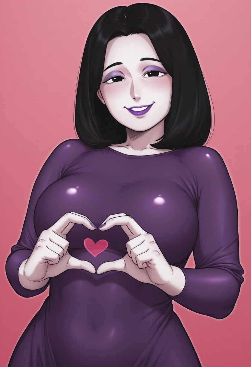 , 1girl, solo, medium build, medium hair, sfw, safe for work, covered skin, flowy dress,  black eyes, purple lipgloss, smiling, portrait, upper body, heart hands, mature female, foreshortening, detailed, newest, shiny skin, cowboy angle, solo focus, medium breasts, kaxiota