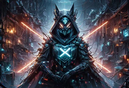 Techwear fashion (((Ultra-detailed, Hyper-realistic, 8k, highres, masterpiece))),(full length highly detailed intricate cyborg demonic-skeletal) (extremely tattered cloak),((highly detailed intricate tech body,vibrant colours,decaying parts, Intricate exposed wiring, exposed wires,exposed circuitry,electric glow)),((highly detailed cyber-skeletal head,signs of decay,exposed wiring, exposed wires,exposed circuitry,electric glowing eyes)),(((random pose))),in a highly detailed Labratory background with Test tubes,holographic screens,covered in pulsing electricity,cyber setting,cinematic,realistic,science fiction,dark colours,background light,<lora:add-detail-xl:1>,<lora:X:0.8>,<lora:cyberpunk:0.8>,tooimage,cyberpunk,futuristic city,<lora:Cyberpunk Kit By Cyberscap:0.8>, robot,cyberpunk,1girl, . Futuristic, cyberpunk, urban, tactical, sleek, dark, highly detailed