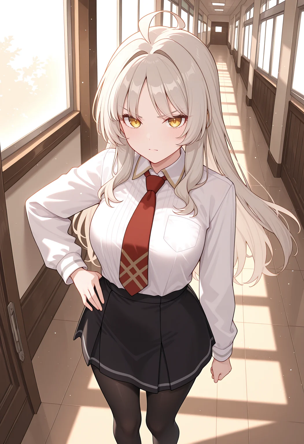 highres, best quality, masterpiece, hallway, window,
1girl, solo, rlplsmr, long hair, grey hair, blonde hair, sidelocks, yellow eyes, ahoge,
school uniform, white shirt, collared shirt, red necktie, long sleeves, black skirt, black pantyhose,
looking at viewer, serious,
standing, hand on own hip,
light particles, from above,
<lora:_louise_marie_pcr-elesico-ilxlA:1>