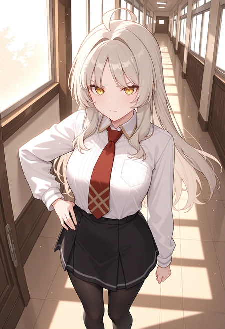 highres, best quality, masterpiece, hallway, window,
1girl, solo, rlplsmr, long hair, grey hair, blonde hair, sidelocks, yellow eyes, ahoge,
school uniform, white shirt, collared shirt, red necktie, long sleeves, black skirt, black pantyhose,
looking at viewer, serious,
standing, hand on own hip,
light particles, from above,
<lora:_louise_marie_pcr-elesico-ilxlA:1>