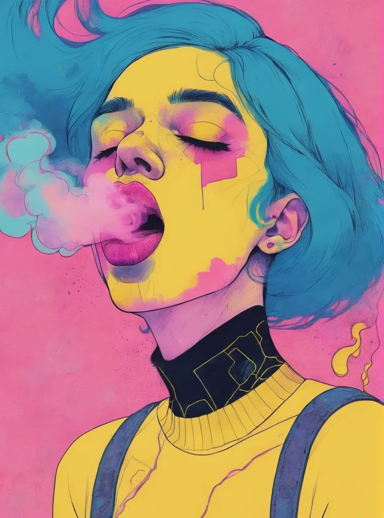 a woman with blue hair and a pink smoke coming out of her mouth and a yellow background with a pink smoke coming out of her mouth, Conrad Roset, synthwave style, cyberpunk art, space art, pop surrealism , <lora:Graphic_Portrait:0.75>